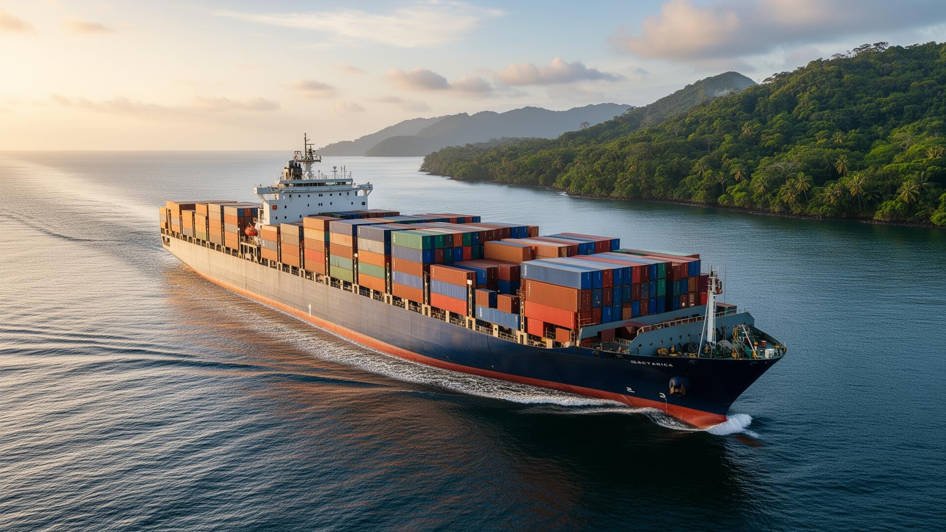 Cargo container ship sailing along the tropical Costa Rica coastline